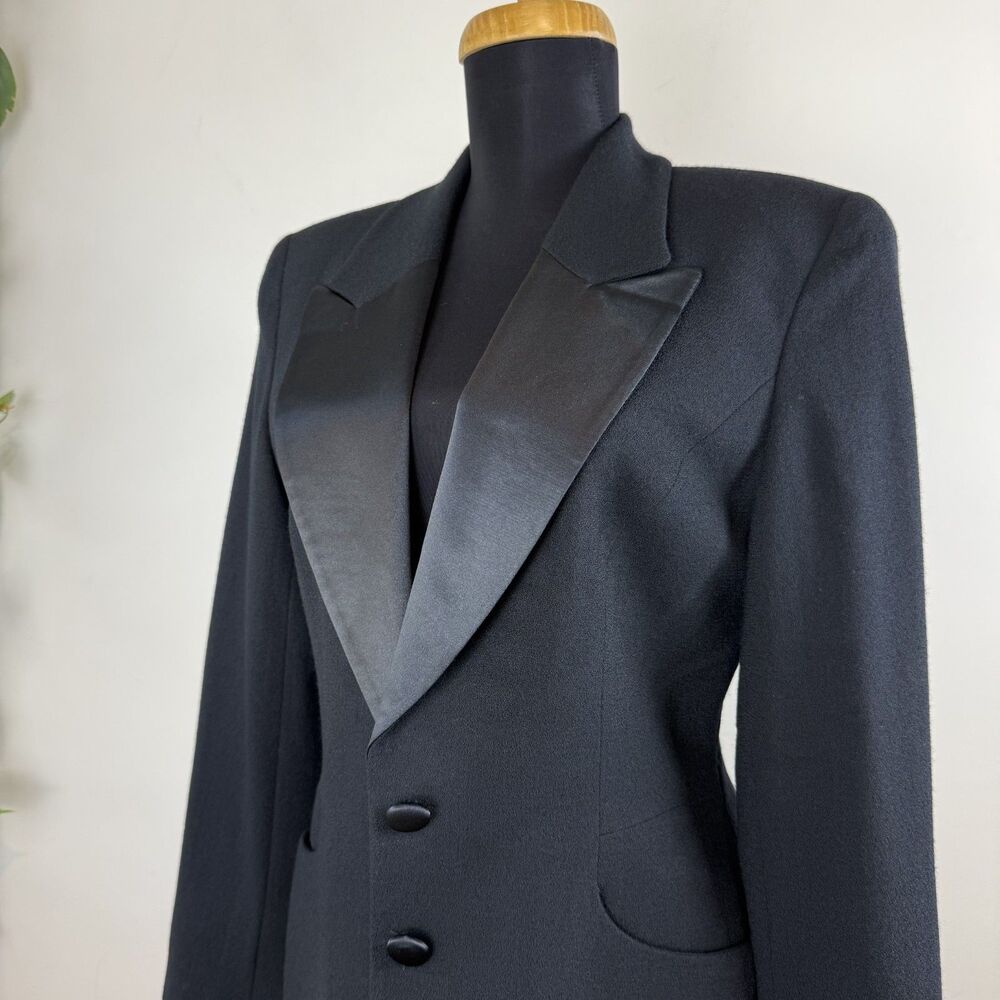 Vintage 90s Deadstock Worsted Wool Longline Tuxedo Blazer Jacket Satin Collar